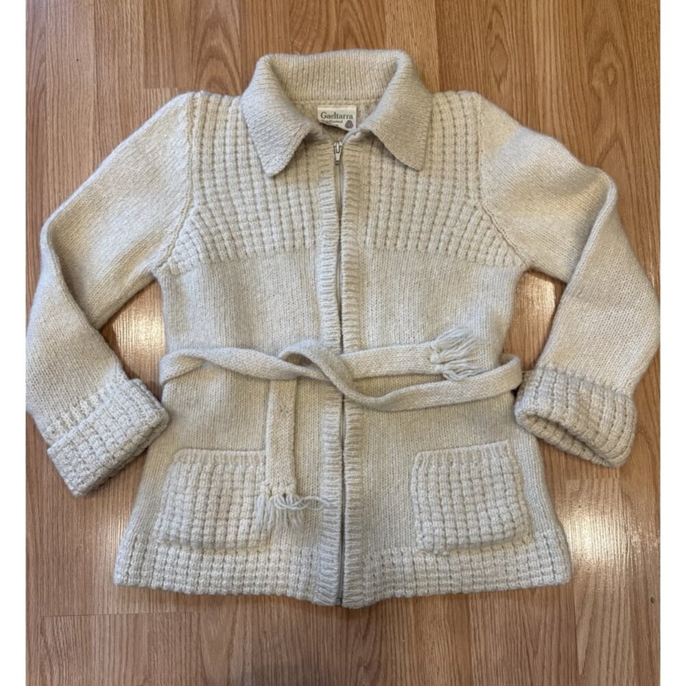 Garters Irish Aran Wool‎ Zip Cardigan Womens S Belted Fisherman Sweater